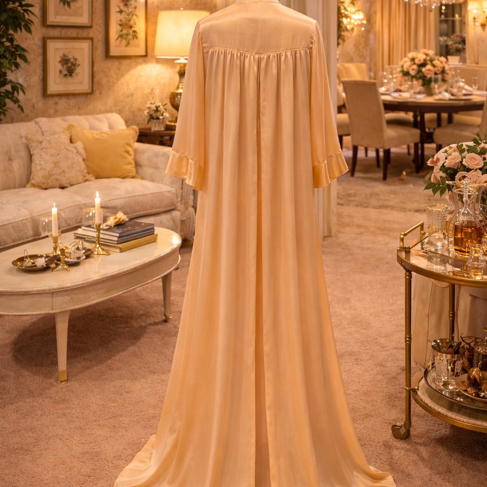 Rare Peach Buttery Soft Hostess Robe Crystal Buttons 1960s Saks 5th Ave Satin - Picture 3 of 9